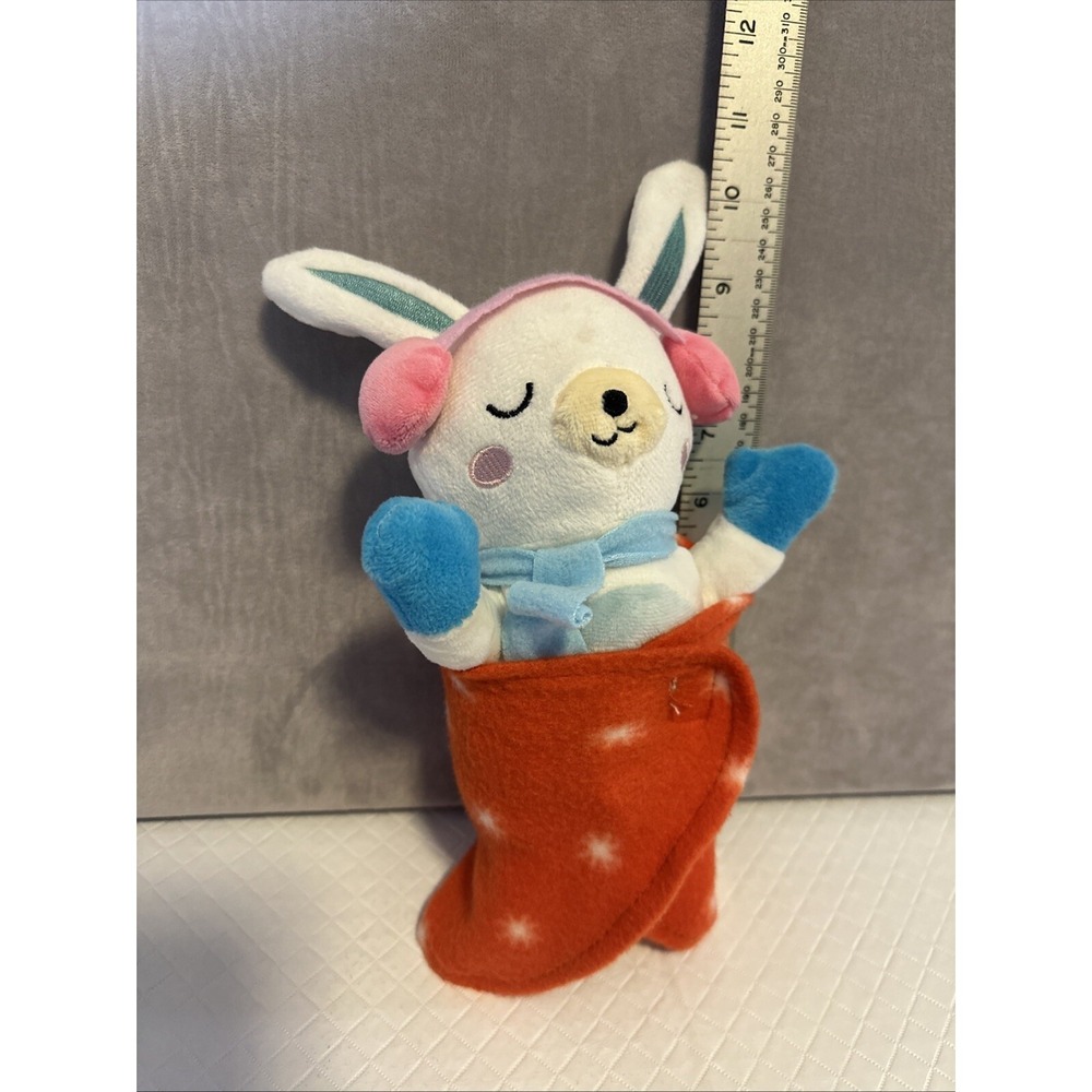 Bunny Plush with Earmuffs & Attached Fleece Blanket. 10" Long
